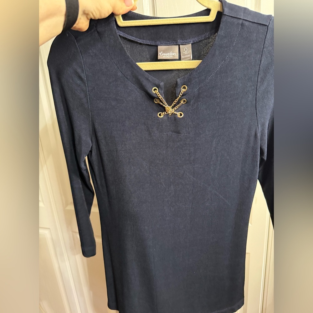 Blue Fitted 3/4 Sleeve Tunic Top Gold chain Detailing